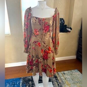 Angie Beige Brown Floral Print Dress Sz Small